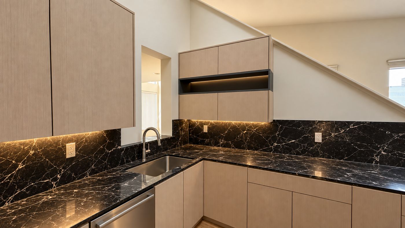 Rift-cut veneer kitchen with black quartz counters