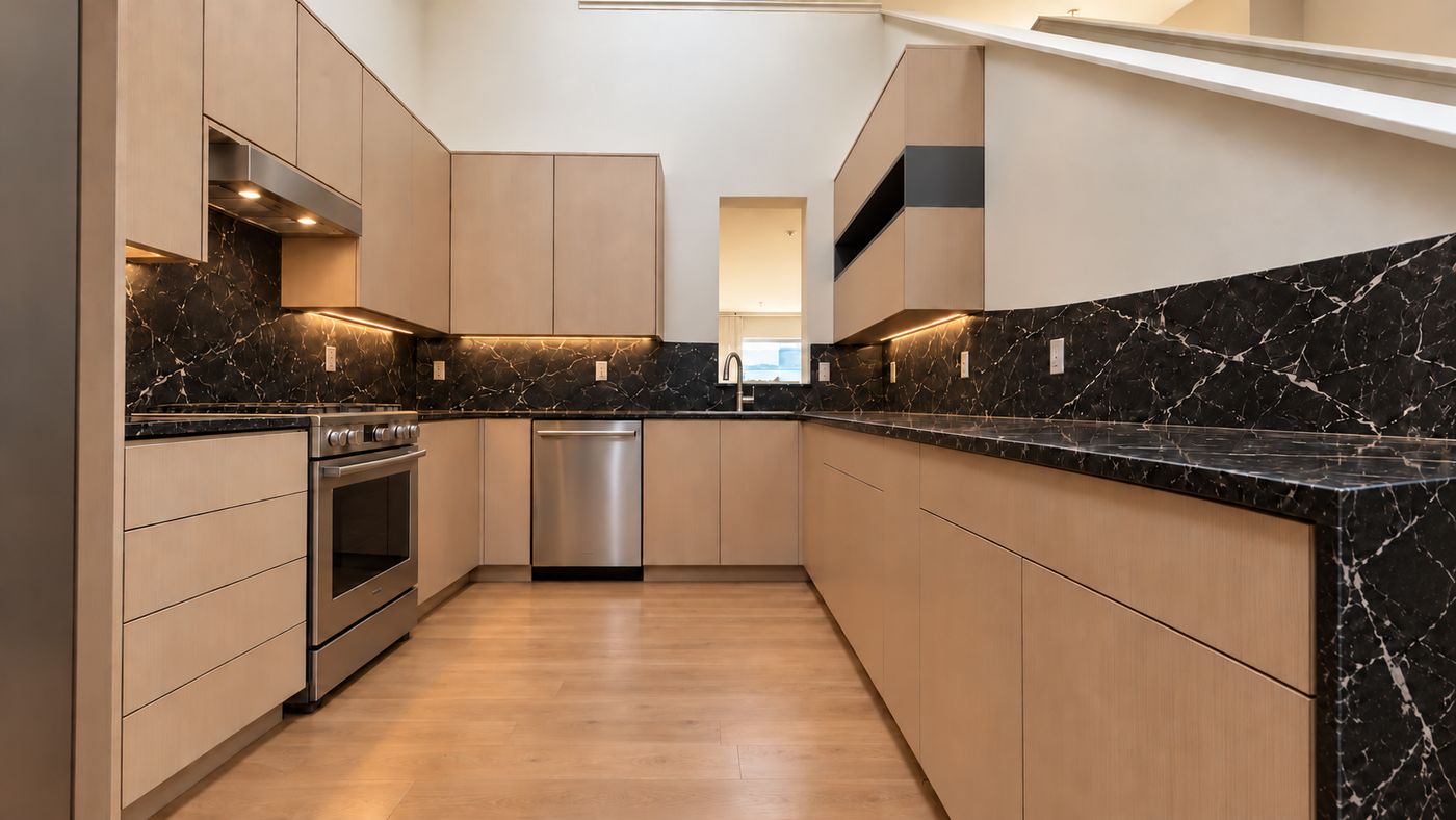 U-shaped veneer kitchen, waterfall counter